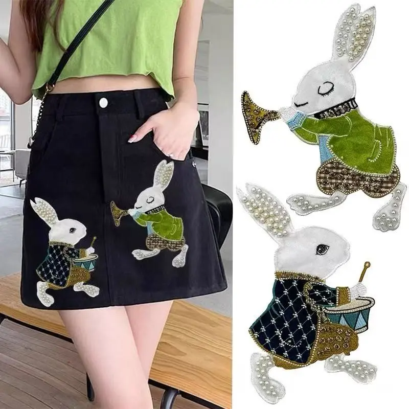 Handmade Beaded Embroidery Fabric Stickers, Elegant Rabbit Decorative Flower Stickers, DIY Craft Decoration Materials