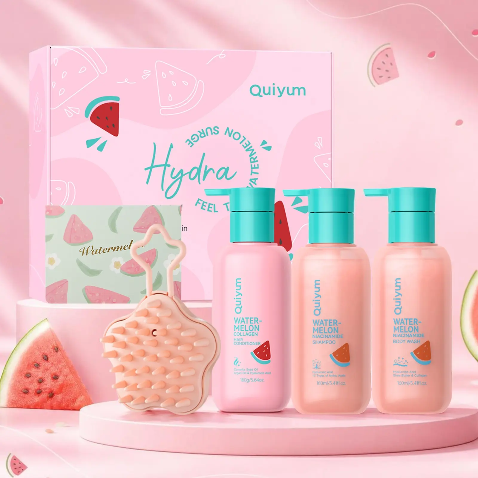 QUIYUM Watermelon Shampoo Conditioner and Body Wash Set, Niacinamide & Collagen Total Hair & Skin Care Summer Gift Set, Refreshing Smoothing Shower Gel Duo with Star Scalp Massager Brush, Ideal for the Entire Family