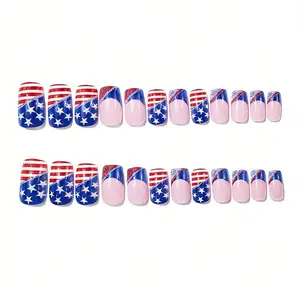 30Pcs Short Square Patriotic Press On Nails, Glitter Flag Design for Independence Day