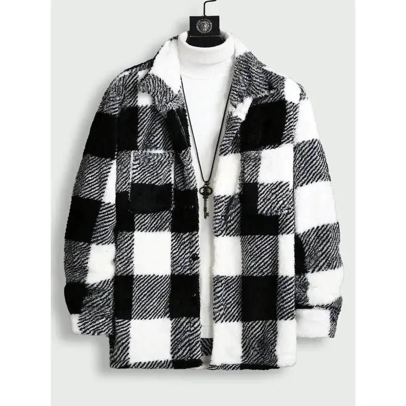 Unisex Checkered Fleece Shirt Jacket, Warm Plush Feel for Autumn & Winter, Casual Oversized Coat with Retro Design