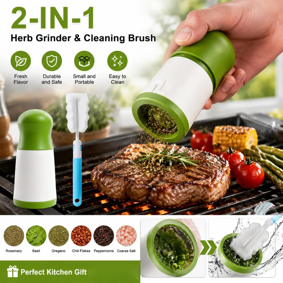 Manual spice grinder with cleaning brush, portable handheld parsley crusher, suitable for BBQ cooking, kitchen, camping, multi-functional spice grinder for pepper, garlic, and coriander, easy-to-clean small spice mill, perfect for home and restaurant use