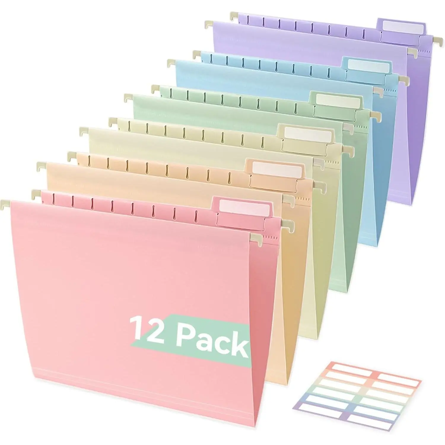 Plastic Hanging File Folders, Letter Size, Tear-Resistant, Pastel | 12-Pack, Sturdy and Easy to Clean, for Filing Cabinets, with Insertable 1/5-Cut Tabs and Colorful Labels
