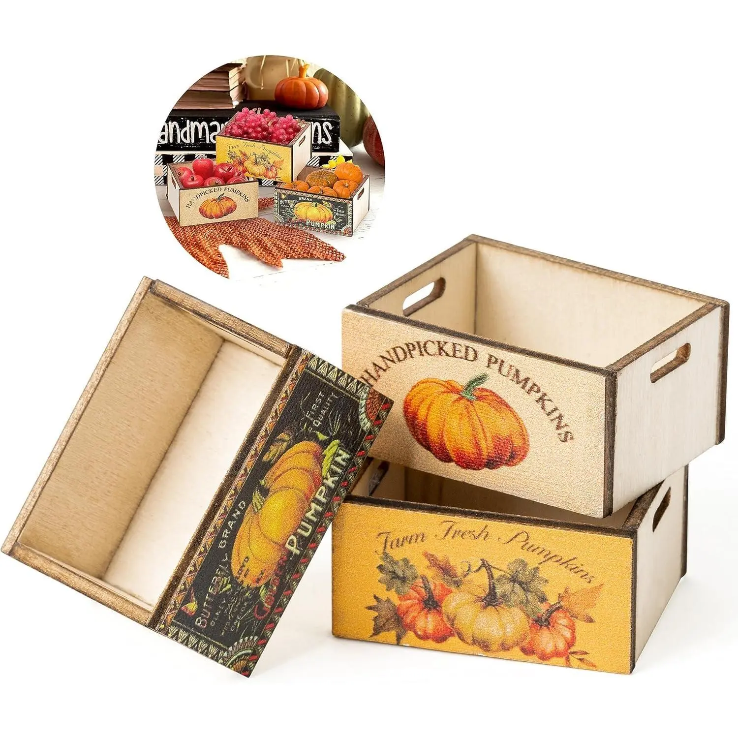 Autumn Miniature Wooden Crates - 3 count  Halloween Pumpkin Mini Decoration Boxes Fall Thanksgiving Harvest  Decor Coffee Table Living Room