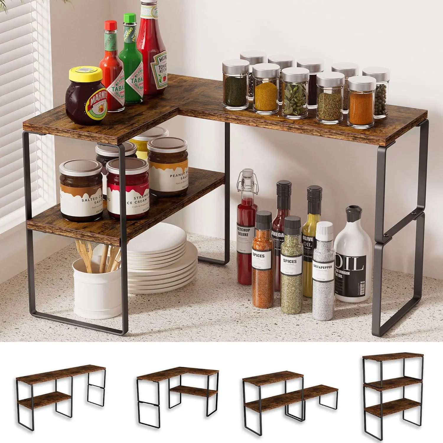 Kitchen Counter Organizer, Countertop Shelf, Adjustable, Stackable | Kitchen Countertop Organizer, Spice Rack, 2-Tier Countertop Shelves, Corner Desk Shelf, Corner Counter Shelf, Rustic Brown