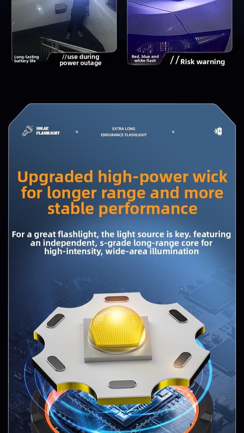 Solar Powered Flashlight, High Brightness Long Range Rechargeable Portable Torch, Concentrated Light for Camping Hiking Emergency