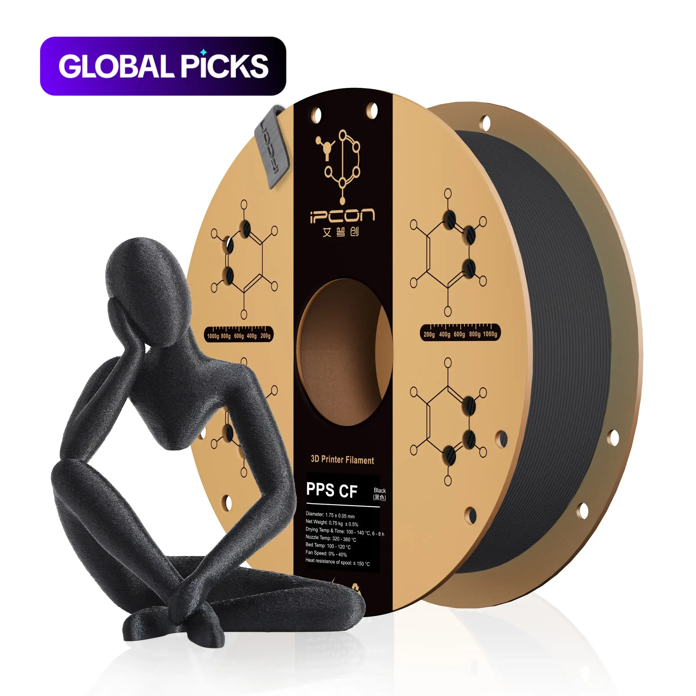 iPCON PPS CF 3D Printing Filament, 750g Carbon Fiber Strengthened PPS Filament, Optimized Interlay Bonding & Automatic Filament Refill PPS-CF, Water & Chemical Resistant, High Rigidity & Heat Resistant PPS CF for Industrial Components #GLOBAL PICKS