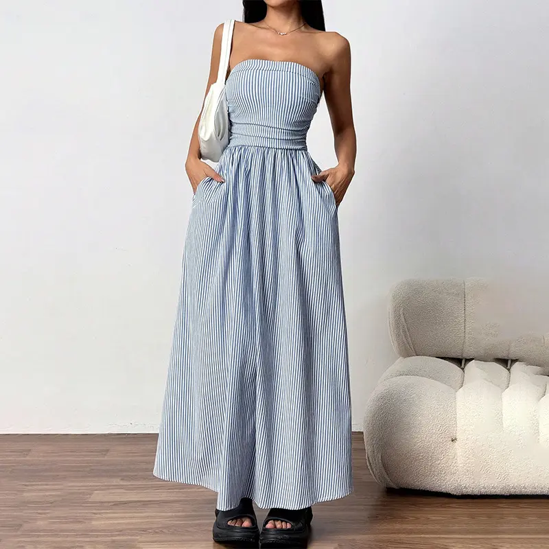 Hot-selling 2025 new models are on the market, fashionable temperament, sexy tube top pockets, long European and American dresses for women