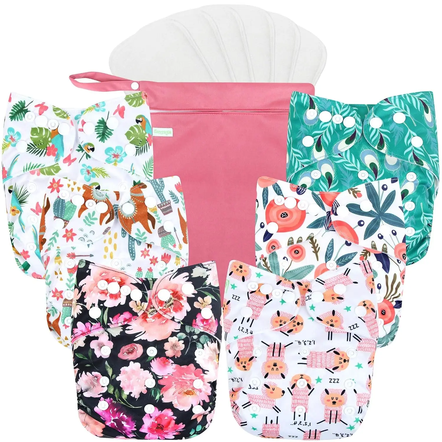 6 Pack Washable Reusable One Size Adjustable Cloth Diapers for Babies with 6 Inserts & 1 Wet Bag (Flower)