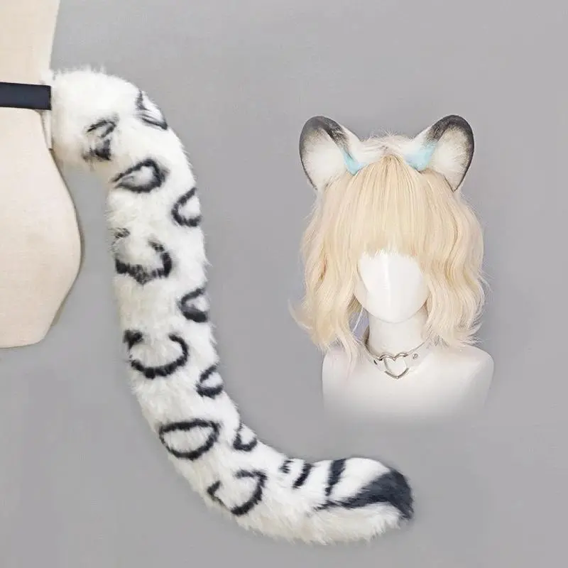 New Hot Game Snow Leopard Furry Ears Headband Handmade Cute Plush Exhibition Tail Set Night Party Cosplay Props