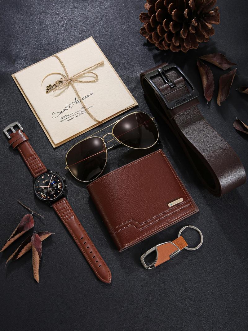 Men's Business Fashion Casual Watch Gift Set, Includes Watch, Wallet, Sunglasses, Keychain, Cufflinks and Tie Clip, with Gift Box, Birthday Gift for Men