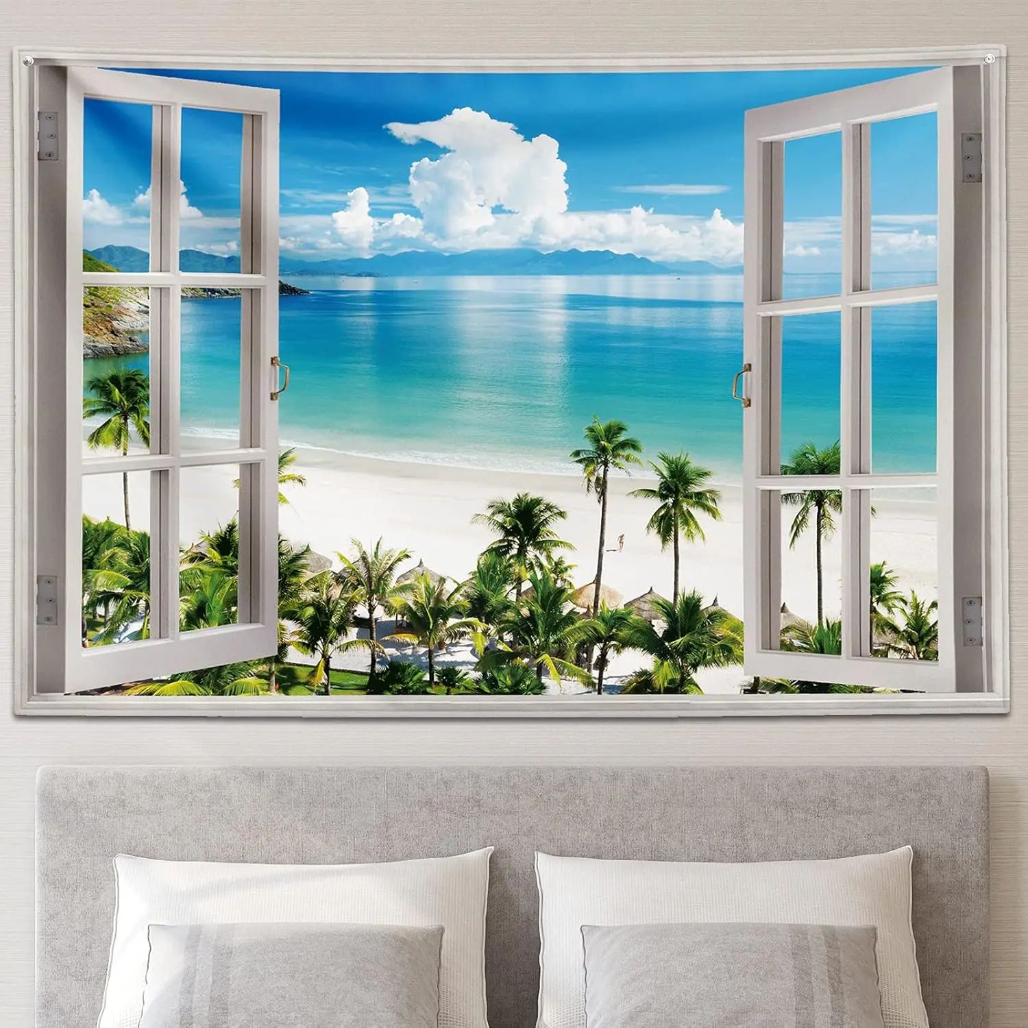 Ocean Beach Tapestry Wall Hanging Blue Sea Tropic Island Paradise Summer Coconut Tree Palm Seaside Window Nature for Bedroom Aesthetic ,60 x 40 Inch