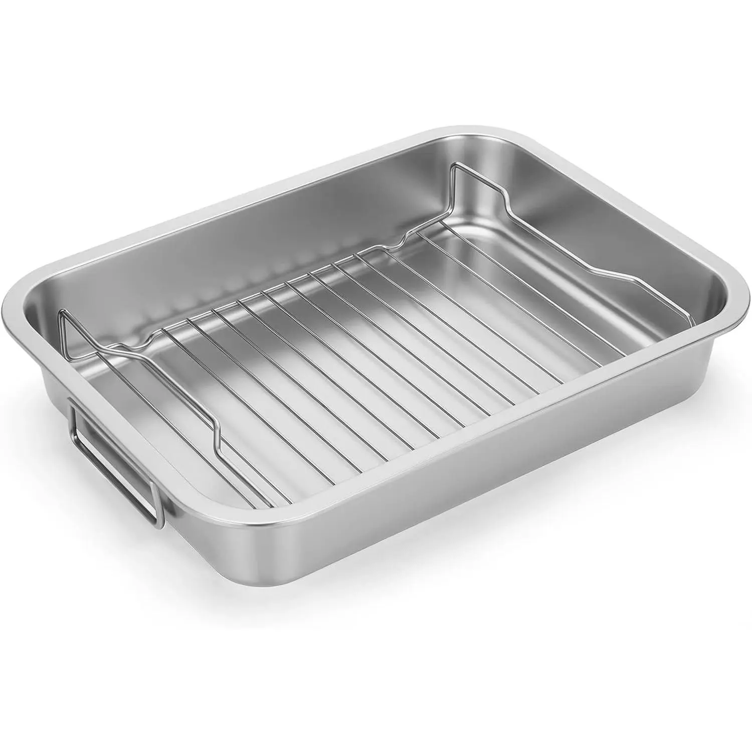Stainless Steel Rectangular Roasting Pan - Sturdy Kitchen Bakeware with Rack, Handle, High Sides, Foil-Compatible, Easy to Clean for Oven Roasting, Baking, Broiling Turkey, Chicken