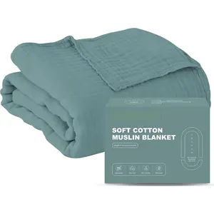 4 Layer 100% Cotton Muslin Gauze Bed Blanket, Breathable Lightweight Soft Boho Blanket for Spring, Green, 55x80 Inches