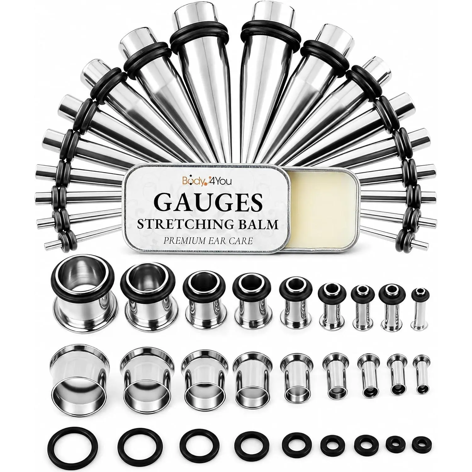BodyJ4You 37PC Ear Stretching Kit with Aftercare Balm - Complete Beginner Set Gauges for Ears 14G-00G - Silvertone Stainless Steel Tapers Single Flare Plugs Tunnels - Dead Stretching Lobe Men Women