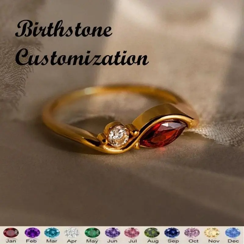 Personalized Birthstone Ring Custom Marquise Round Two Stones Ring 18K Gold Plated Jewelry Birthday Gift for Mom