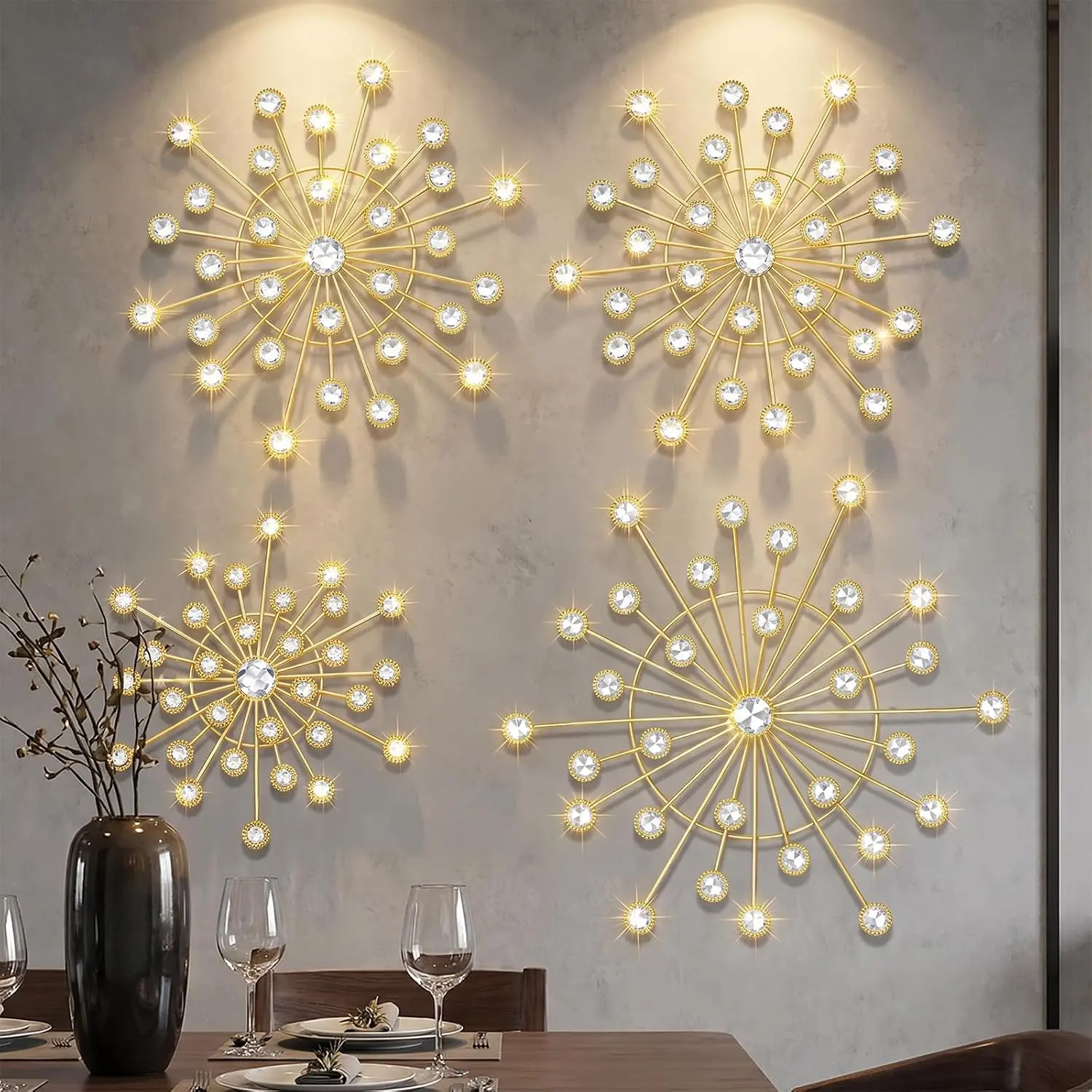 Fumusae 4 Pack Gold Sunburst Wall Decor Metal Crystal Walls Art with Sparkling Rhinestones Starburst Wall Hanging Set for Living Room Bedroom Bathroom Modern Bling Home Decorations