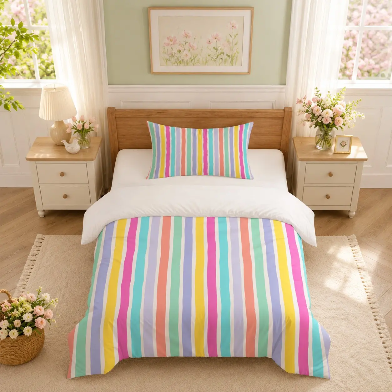 2/3 Pieces Rainbow Macaron Duvet Cover Set, Striped bedding set, Single-sided Candy Color Stripe Digital Print, 1 Duvet Cover + 1/2 Pillowcases, No Inserts Included. Fits bedroom, dorm, ideal bedding gift for dorm students and couples home dec