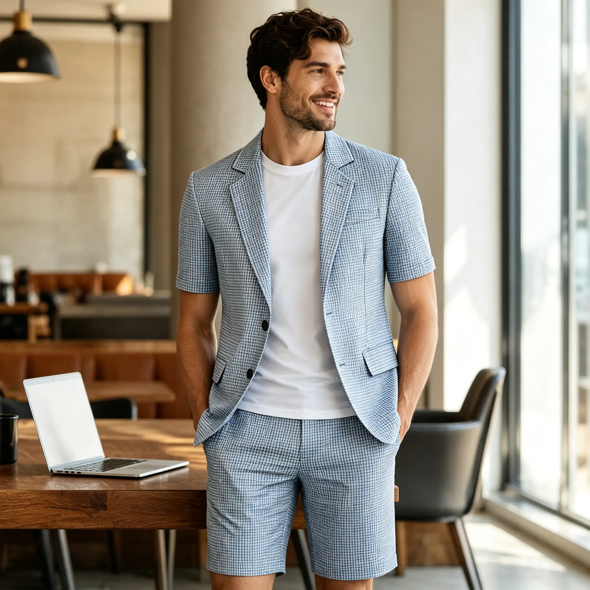 Men's Classic Checkered Suit Set - Lightweight 2-Piece Retro Outfit with Short Sleeve Blazer & Matching Knee Shorts, Golden, Menswear, Fabric, Breathable, Polyester, Gingham, Blazer Set, Buttons, Outdoors, Fitted, Medium Length, Party Look, Casual, Smooth
