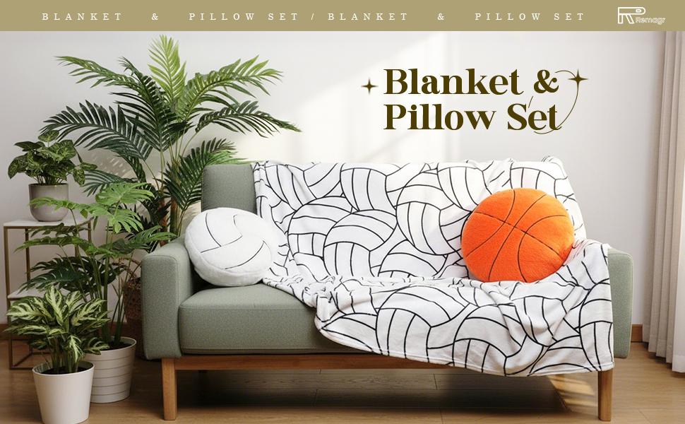 2 Pcs Sports Ball Blanket & Pillow Set 50 x 60 Inch Flannel Throw with 14 Inch Soft Throw Pillow Toy Cozy Sports Themed Blanket for Ball Lovers Gift (Volleyball)