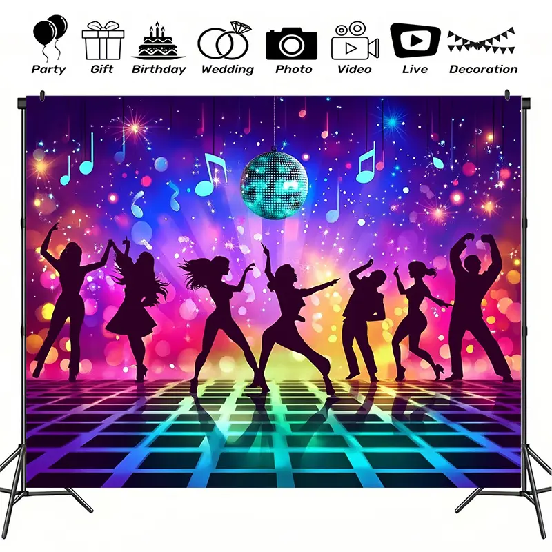 1 piece of vibrant disco party-themed polyester photo background and party banner - colorful dance floor design, featuring disco balls and musical notes