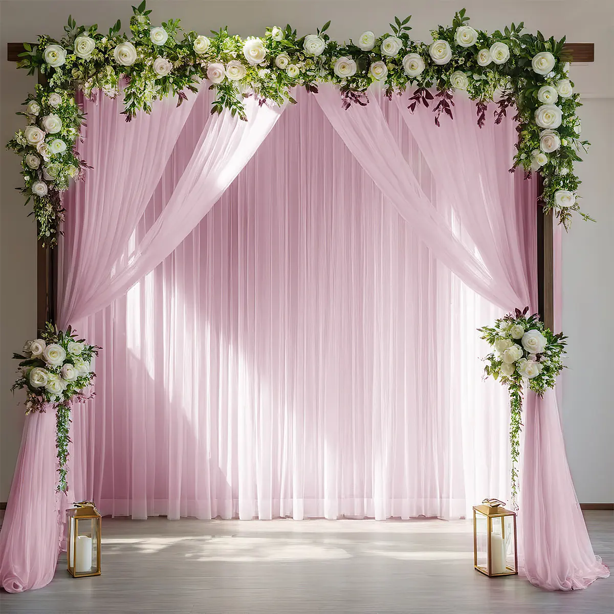 Blush Pink Tulle Fabric Wedding Backdrop Hanging Set - Lightweight Festive Banner with Synthetic White Flowers, Adjustable Chiffon Arch Support Curtain for Engagement, Baby Shower Photo Ops