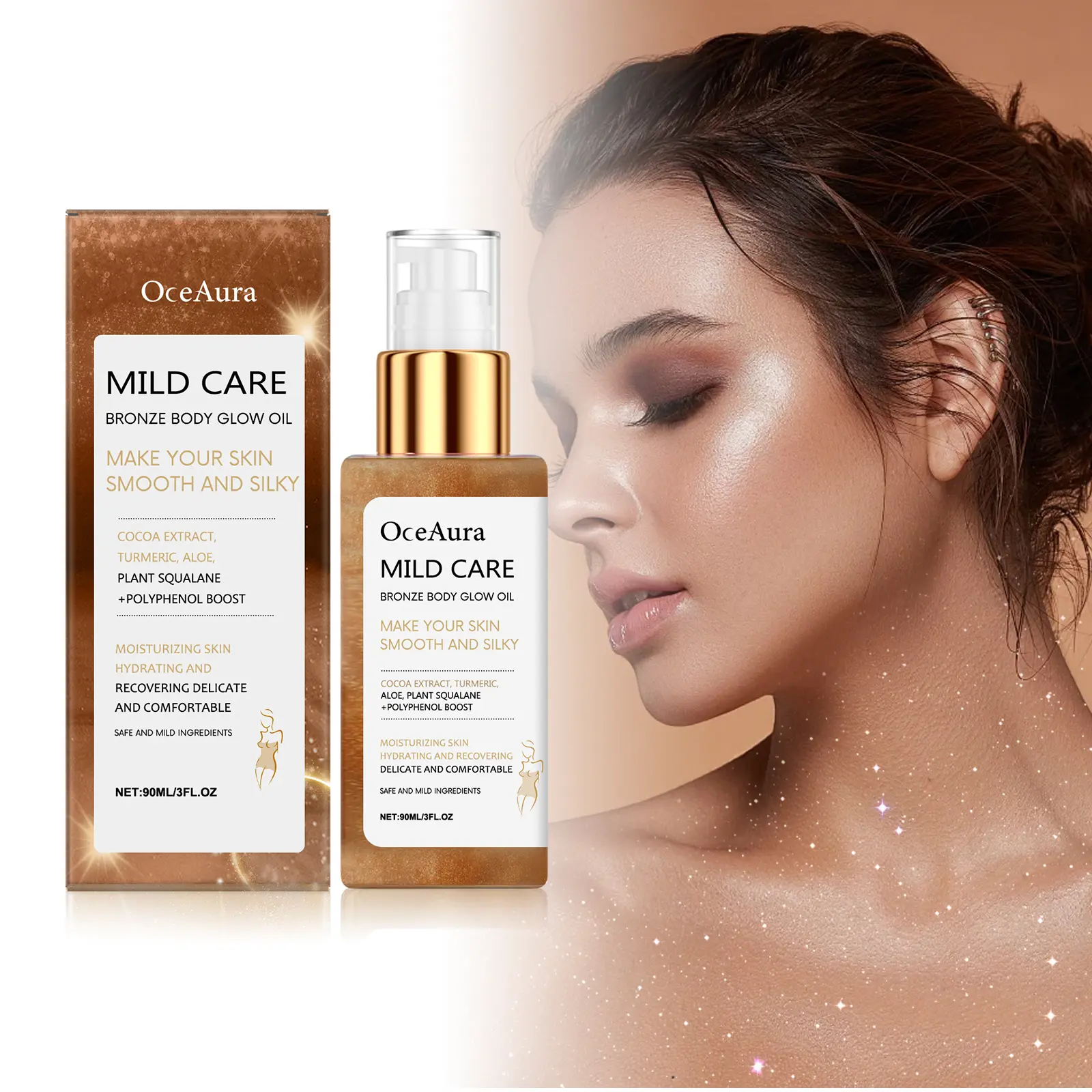 Bronze Body Shimmer Oil Infused Squalane, Green Tea & Grape Seed Polyphenols Waterproof Moisturizing Massage Glow Oil Rose Gold Highlighter For Body, Perfect Holiday Beauty Gift