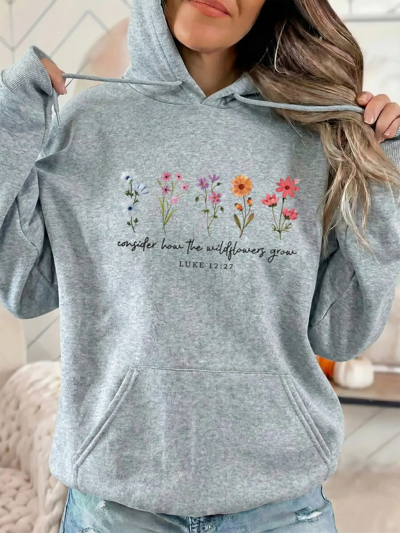 Women's fashionable hooded sweatshirt with floral print and lettering. Features patterned print. Drawstring kangaroo pocket. Winter and autumn casual sportswear sweatshirt. Suitable for casual parties and sporty outfits.
