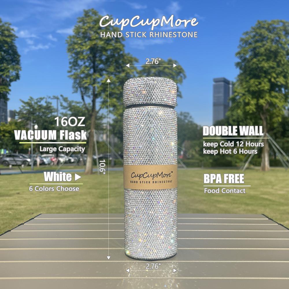 Live Cupcupmore 16oz Bling Rhinestone Vacuum Flasks Double Wall Stainless Steel Insulated tumbler with Leak-proof Lid Glitter Water bottle,Sparkle Portable Thermal Mug for Women Men,Keeps Cold 12 Hours and Hot 6 Hours Shiny Drinkware Cup