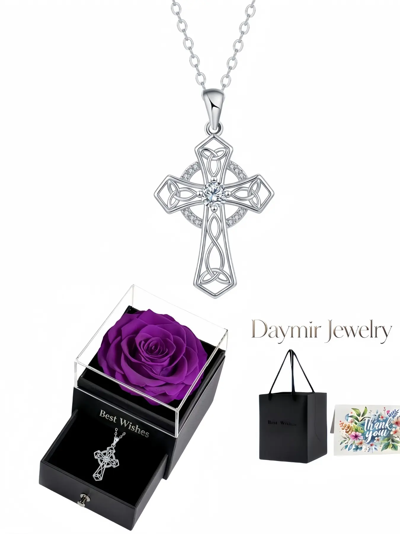 Guardian Celtic Knot Cross Pendant, vintage fully diamond-studded clavicle chain with protective symbolism. Packaged in stunning purple preserved rose jewelry box, ideal gifts for birthdays, Mother’s Day, Valentine’s Day and Christmas.