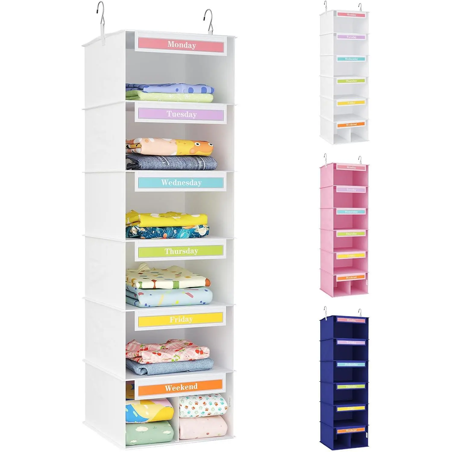 6 Shelf Weekly Clothes Organizer for ,   Closet Storage with Color Labels for School Outfits,  Daily Clothing Divider with Days of The Week Monday to Friday , White
