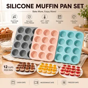 3-Pack Silicone Muffin Pans, 12-Cup Non-Stick Silicone Muffin Bake Molds, Oven-Safe, Suitable for Home and Restaurant Baking