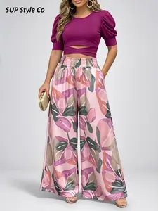 2 Piece Set: Bubble Sleeve Short Top + Tropical Print Wide Leg Pants, Vintage Romantic Style, Perfect for Vacation, Date Night, Casual