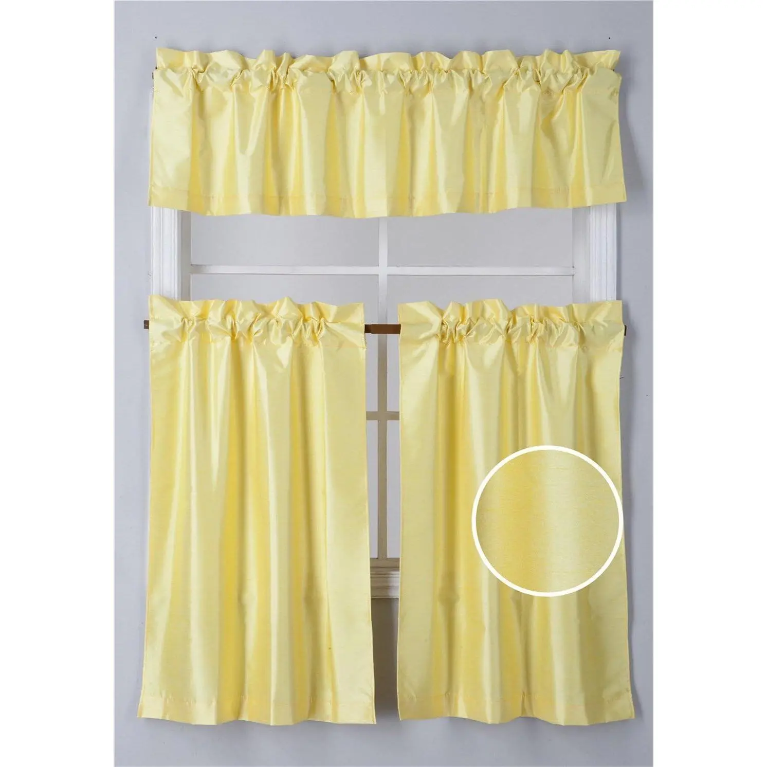 Collection 3 count Solid Color Faux Silk Blackout Kitchen Window Curtain Set with Tiers and Valance Solid Color Lined Thermal Blackout Drape Window  #K3 (Yellow)