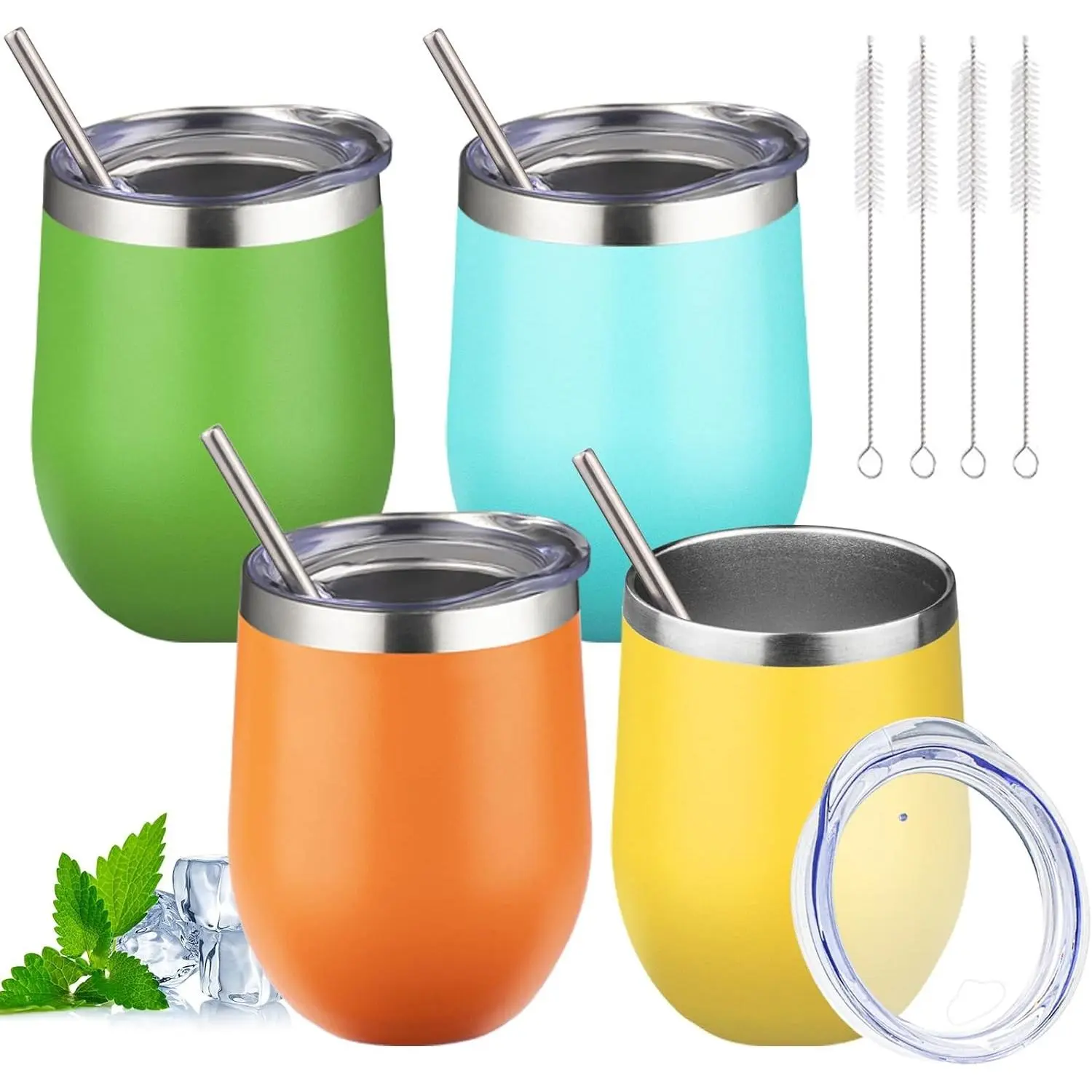 12oz Stemless Wine Tumbler with Lid and Straw - Double Wall Insulated Stainless Steel Wine Cup for Hot and Cold Beverages, Multicolor, 4 PackGift