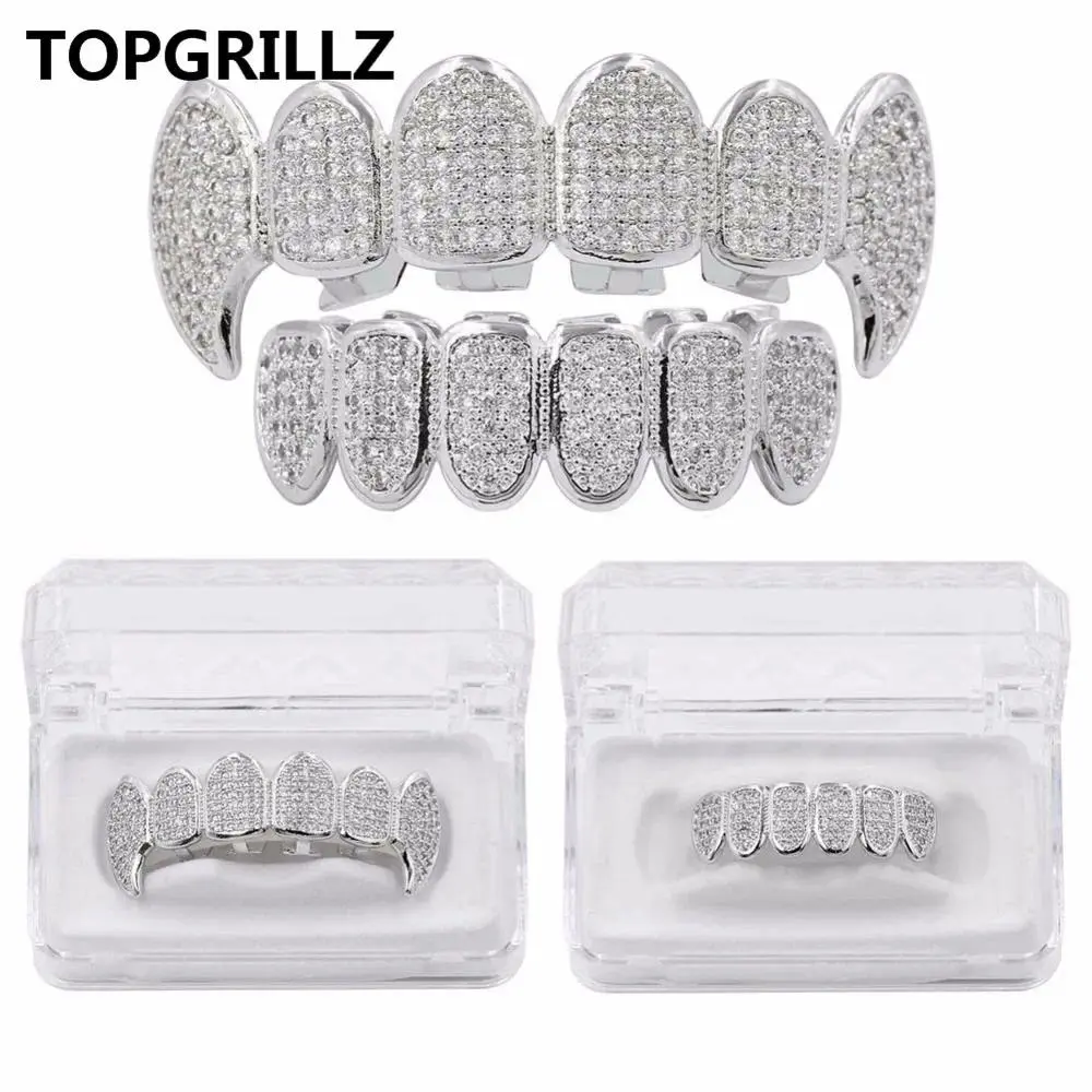 New Fit Silver Plated CZ Micro Pave Top & Bottom GRILL SET Rhodium Teeth Grills Vampire Tooth Grillz