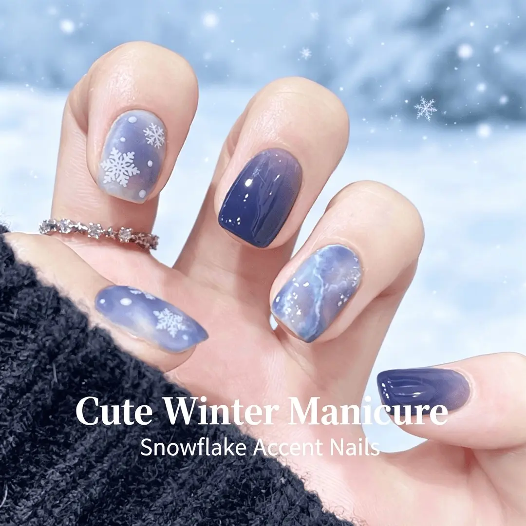24pcs Snowfall Island Nail Wraps, Fall Winter Blue Gradient Snowflake Marble False Nails, Reusable Acrylic Nail Stickers for Women