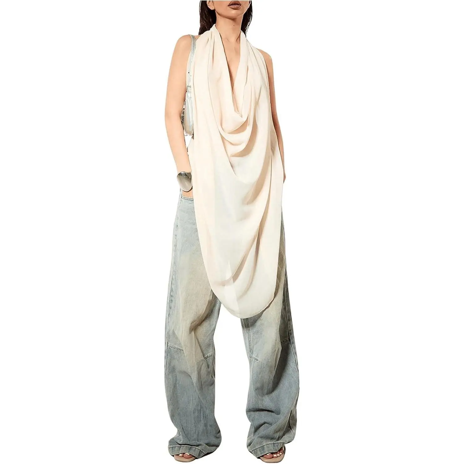 Women's Cowl Neck Backless Halter Top Y2k See Through Going Out Tank Tops Sleeveless Draped Chiffon Party Clubwear