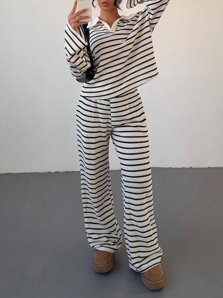 2-piece women's loose striped V-neck dropped shoulder long-sleeved T-shirt and elastic waist striped pants autumn and winter knitted suit
