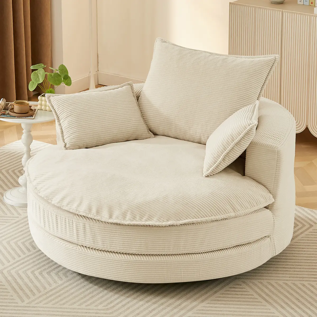 57.5" Oversized Round Chaise Lounge Chair, 360° Swivel Sofa Chair with Dual-layer Cushion Design and 3 Removable Pillows, Boneless Round Barrel Couch for Living Room Bedroom Office and Hotel, Beige