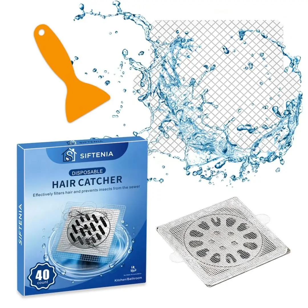 40-Pack Siftenia Disposable Shower Drain Hair Catcher, 4.15-Inch Mesh Drain Cover Sticker with Removal Scraper, Bath Tub Bathroom Hair Collector, Residue Removal