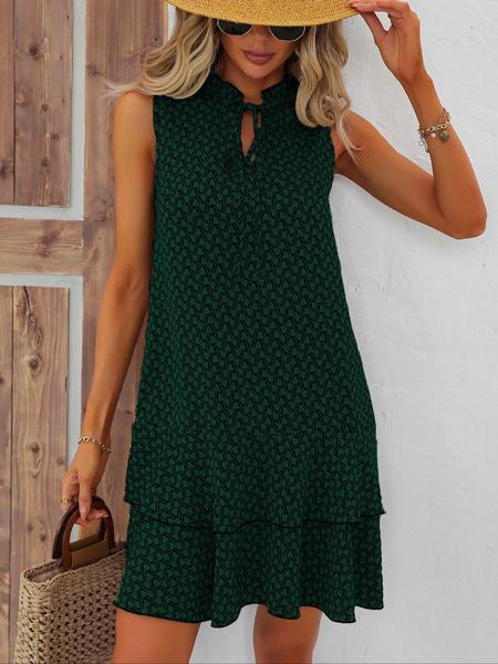 Women's Geometric Print Bow Dress, Casual Fitted Woven Dress, All-Seasons Wear, Multi-Layered Cake Skirt Design, Summer