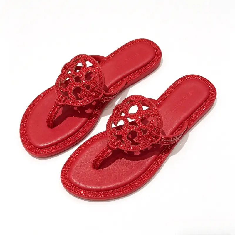 Women's Vibrant Red Synthetic Thong Flats - Crystal Accents, Hollow Cutouts, Circular Logo, Open Toed Sports Slide Sandals for Summer Casual Vacation, Open Toed Sandals, Slip-On