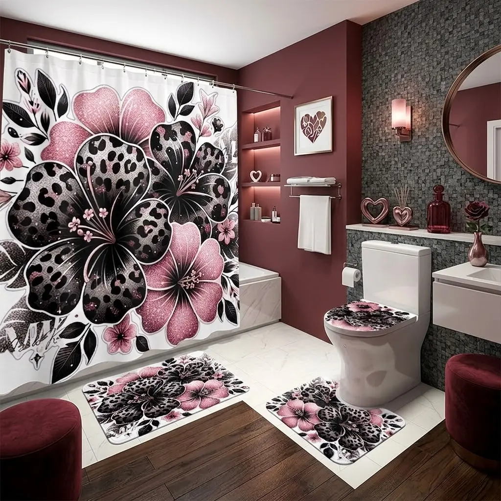 4pcs Pink Leopard Print Hibiscus Floral Shower Curtain Set, Shower Curtain Set For Bathroom, White Background Glitter Wildflower Leaf Bath Mat Toilet Lid Cover Combo, Bathroom Decor Set