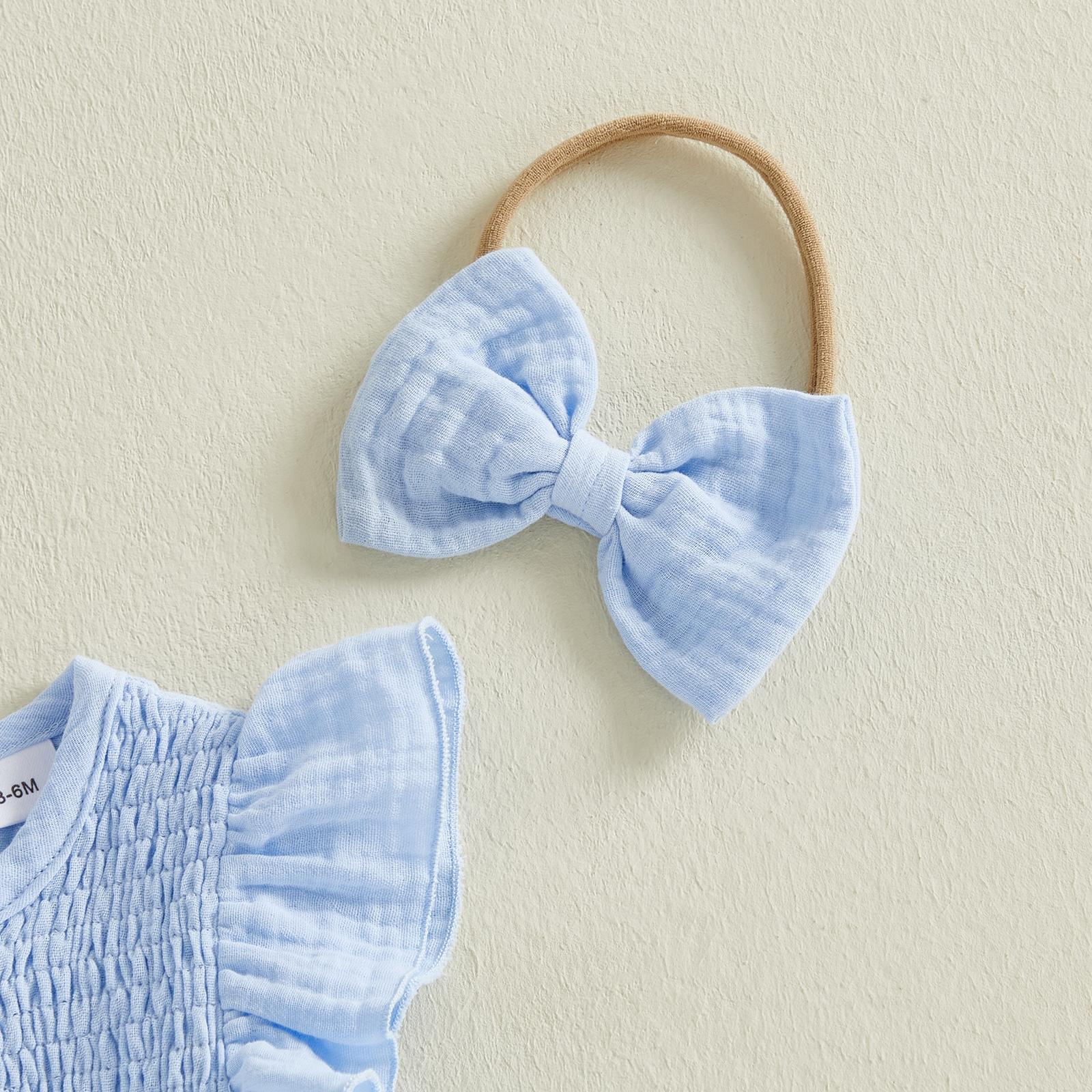 Newborn Baby Girl Romper Ruffle Sleeve Solid Smocked Bubble Romper Jumpsuit Bow Headband Cute Infant Summer Clothes