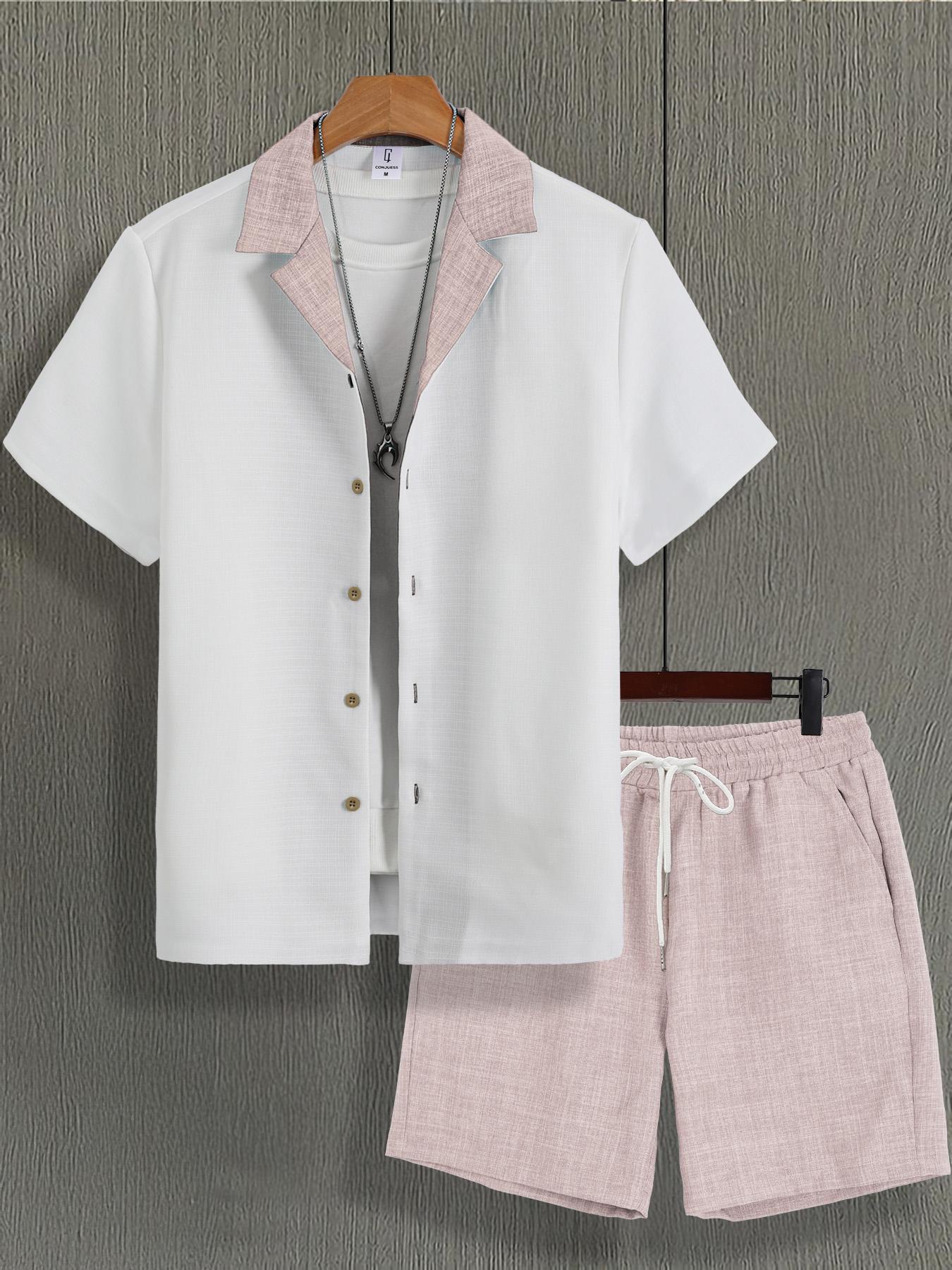 Men's Colorblock Print Short Sleeve Top & Shorts Loungewear Set, Regular Fit Casual Comfy Two-piece Pj Set, Men's Sleepwear for All Seasons, Menswear