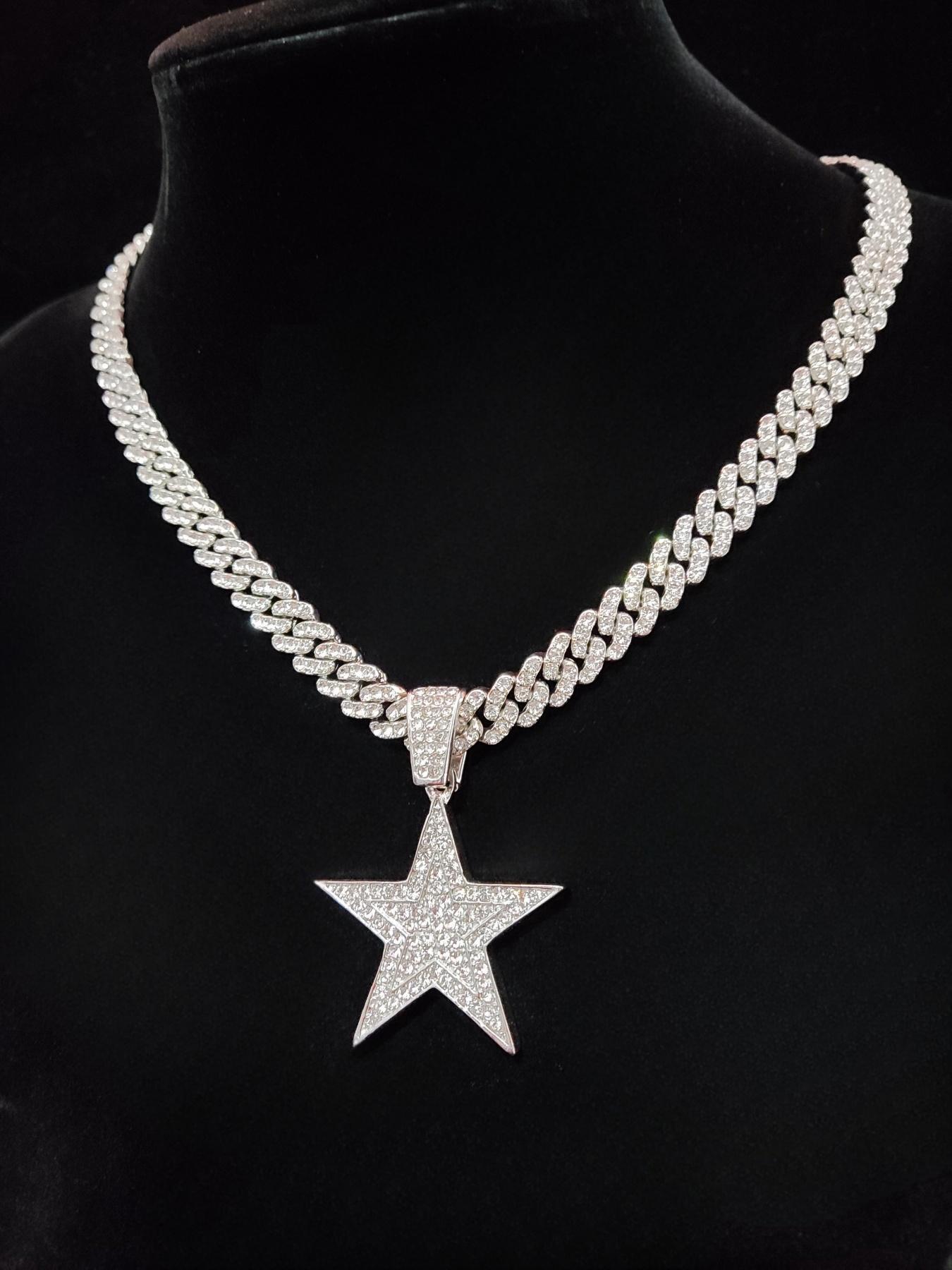 Star Shaped Pendant & 9mm Miami Cuban Link Design Chain Necklace, Fashionable Punk Style Jewelry for Party, Daily Decor, Trendy All-match & Exquisite Jewelry for Birthday Gift