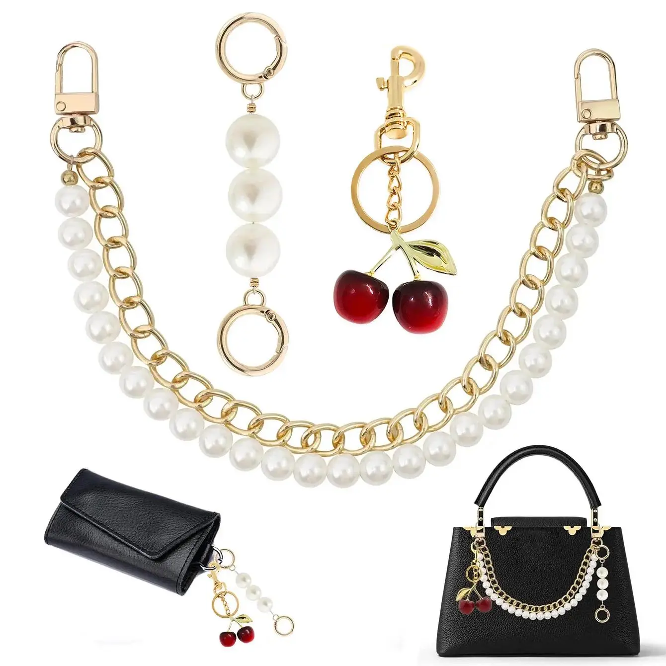 3 PCS Bag Charms Pearl & Cherry Keychains Replacement Extension Chain for Crossbody Bags Handbag Straps