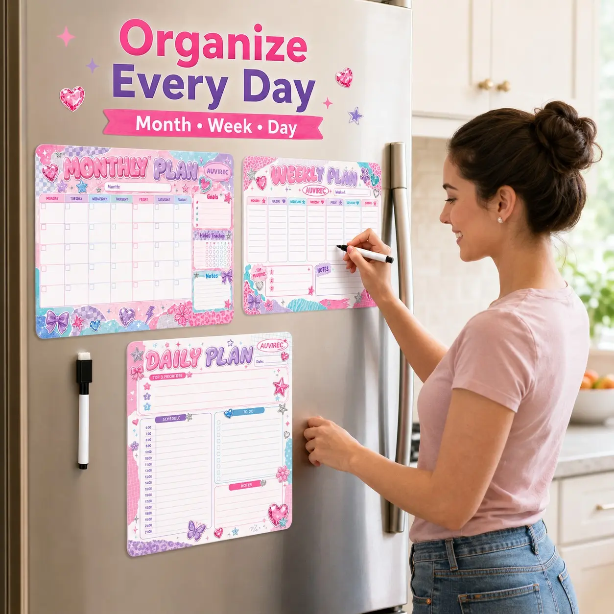 Auvirec 3-Piece Set Diamond Decor Pet Dry Erase Calendar Planner Kit, Reusable Home Schedule Board, Office Memo Pad