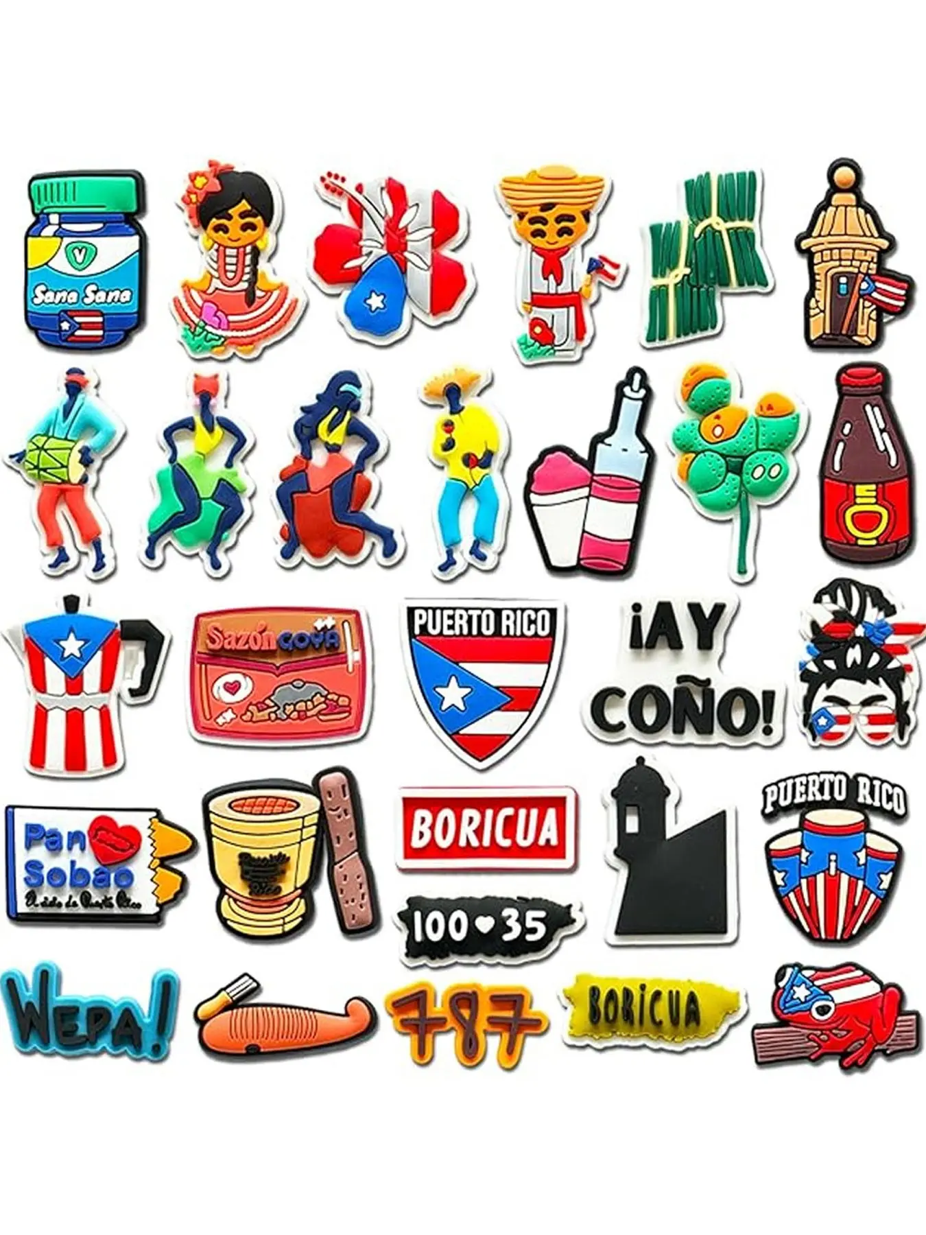 Dominican Folklore Decorative Shoe Accessories Set, 28 Pieces, Tropical Frog Theme, Latin Text Soft Rubber, Exclusive Shoe Decoration, Shoe Charms