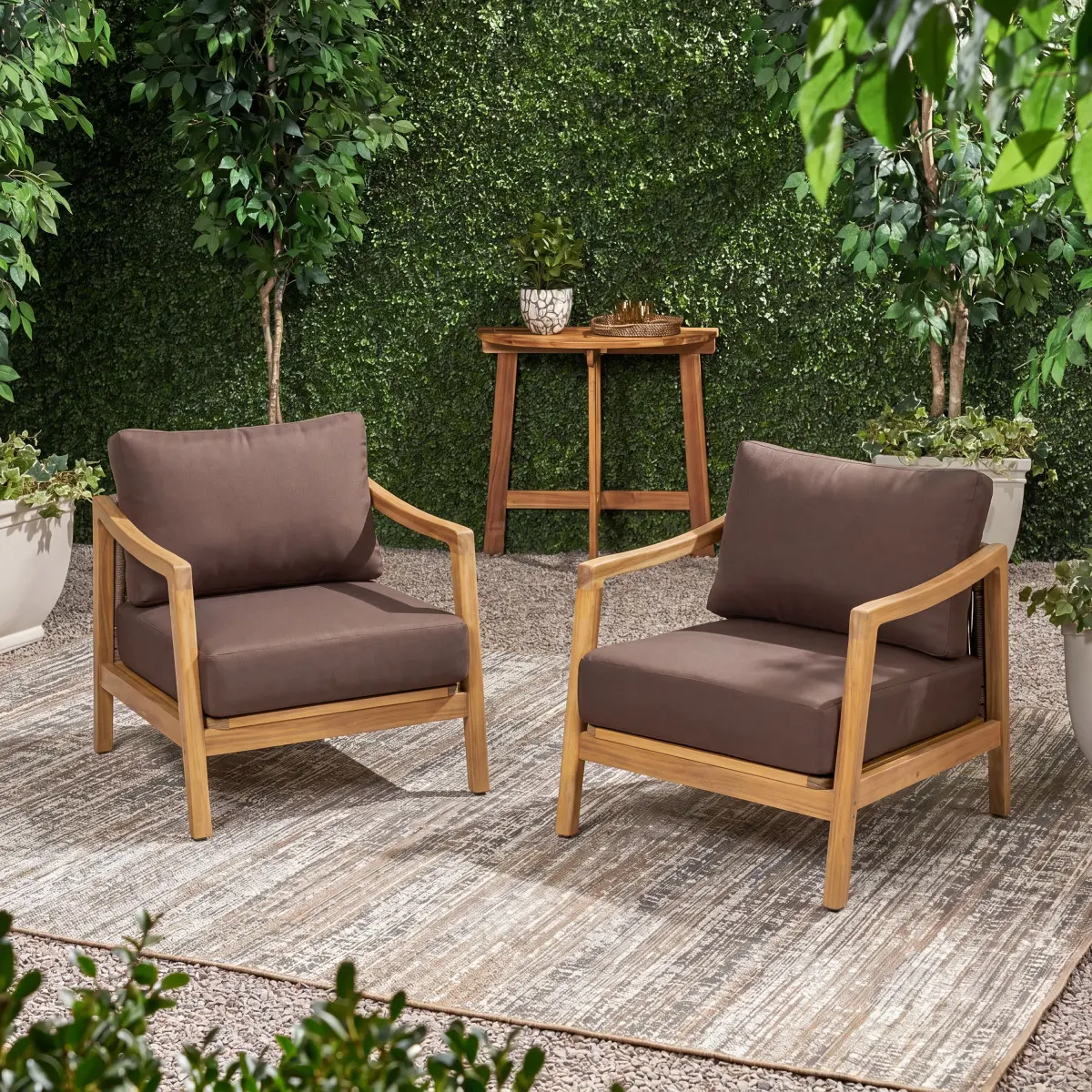 Outdoor Club Chair , Acacia Wood Frame with Rope Back Detail, Water-Repellent Brown Cushions for Patio/Backyard/Deck (Set of 2)